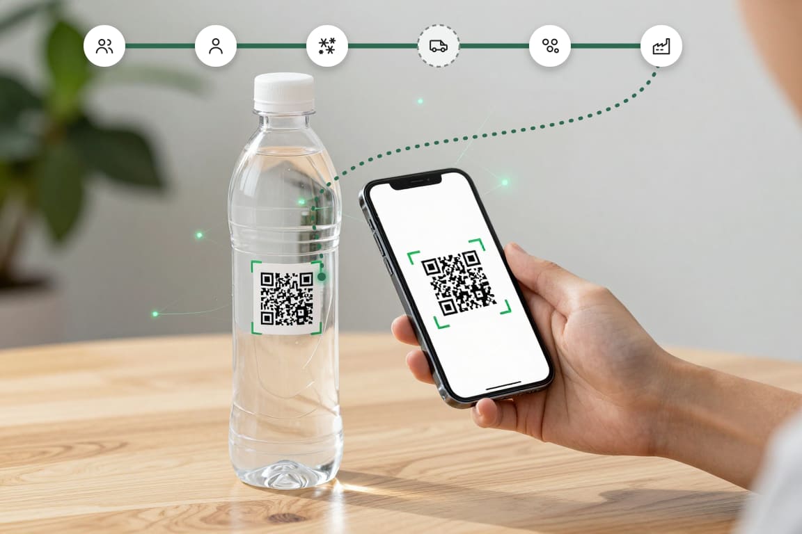ภาพประกอบ: มือถือสแกน QR บนขวดน้ำ เส้นทางจากคนเก็บ จุดรับซื้อ โรงล้าง รถขนส่ง และโรงทำเม็ด ถึงโรงผลิต ต่อลงมาที่ขวด
